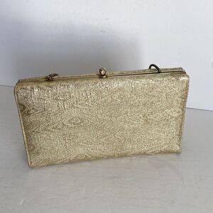 Vtg MCM Gold Foil Metallic Evening Clutch Handbag‎ Metal Chain Handle